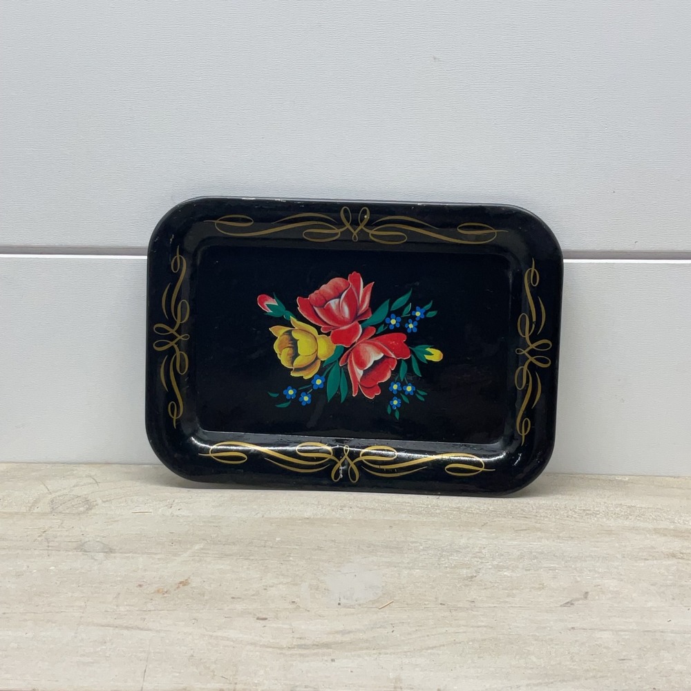 Vintage Toleware Floral Tin Litho Trinket Tray Black Gold Rose Design 6.5x4.5